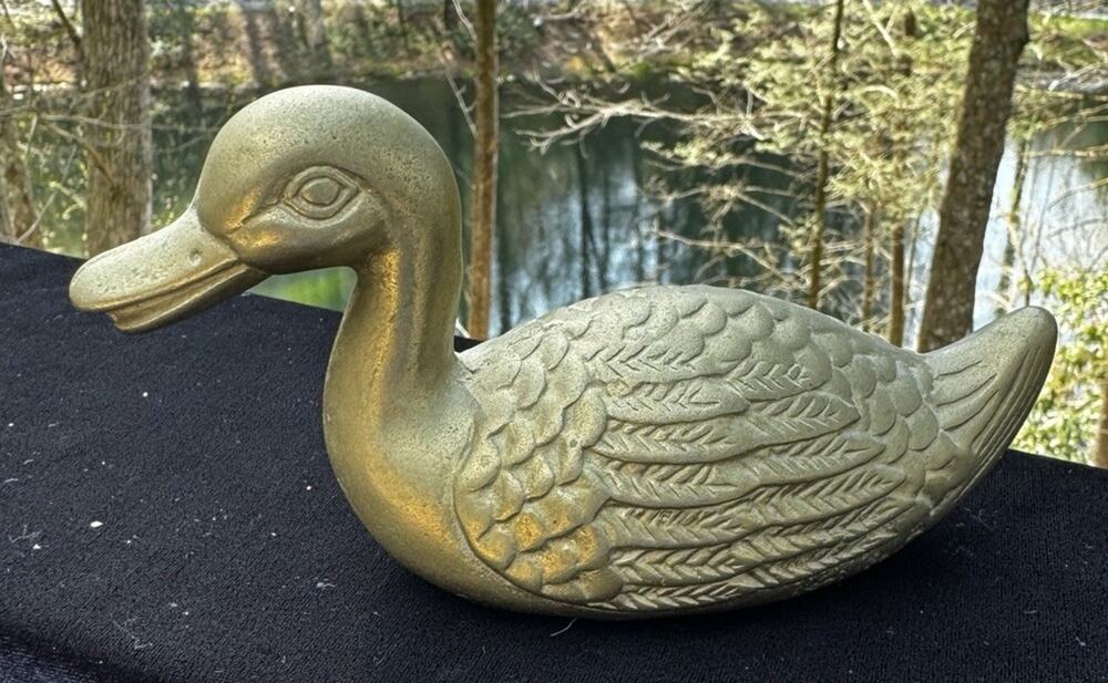 Vintage Solid Brass Unique Sitting Duck Statue Hammered Details A35
